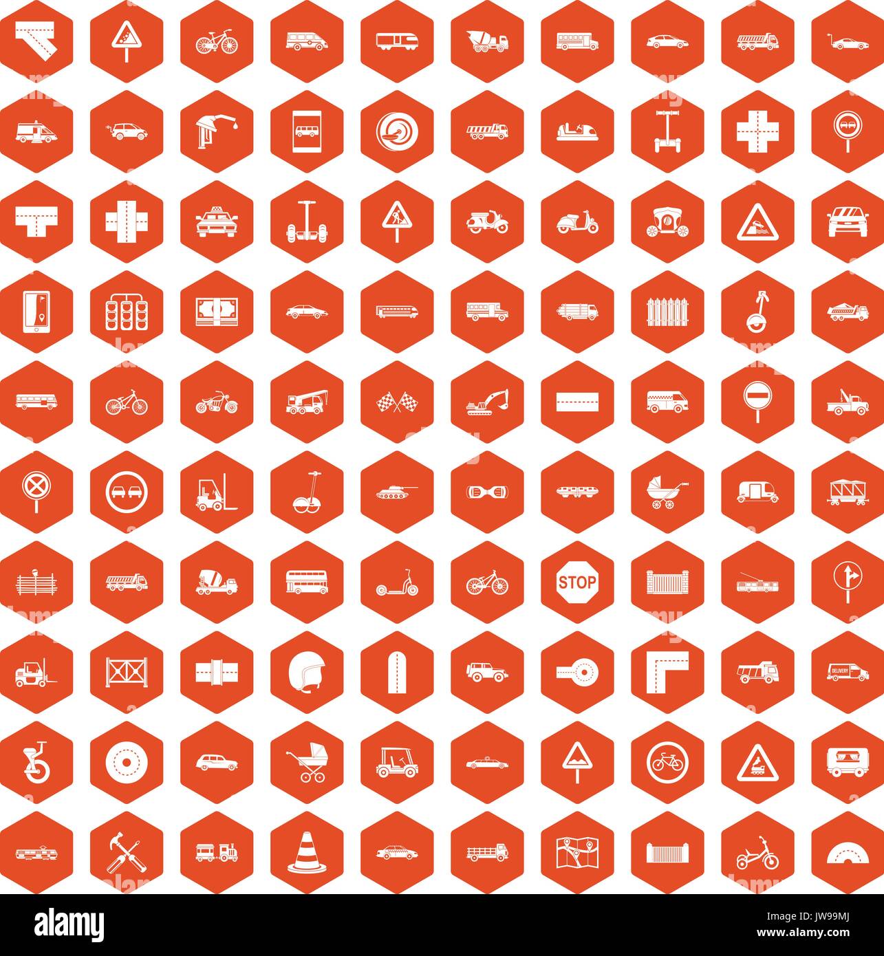 100 road icons hexagon orange Stock Vector