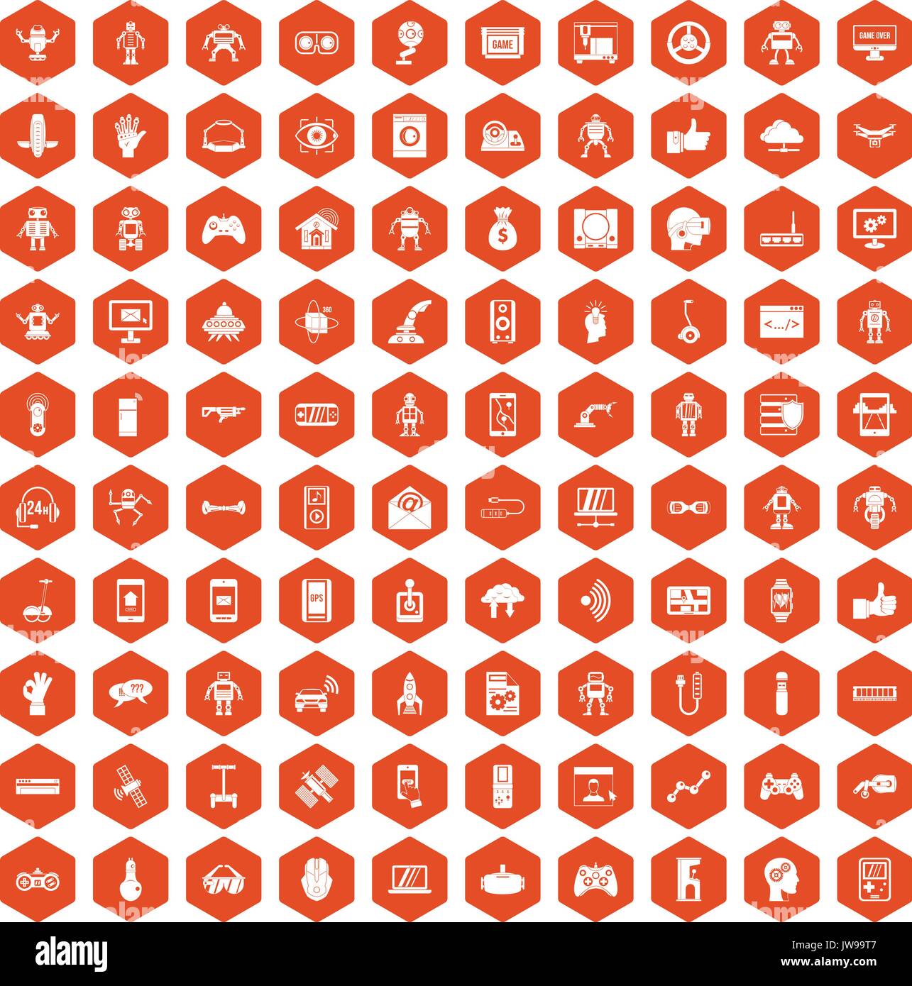 100 robot icons hexagon orange Stock Vector