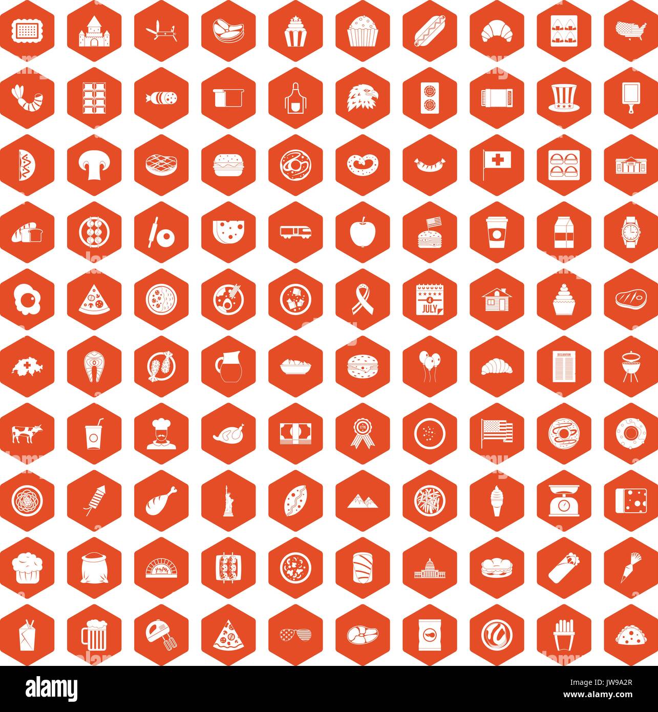 100 sandwich icons hexagon orange Stock Vector