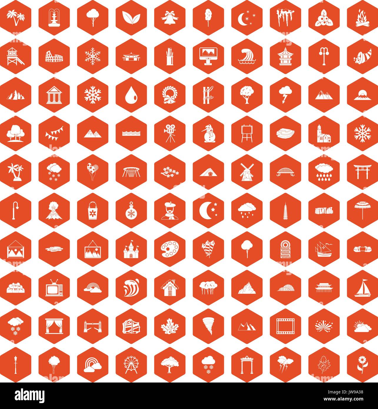 100 scenery icons hexagon orange Stock Vector