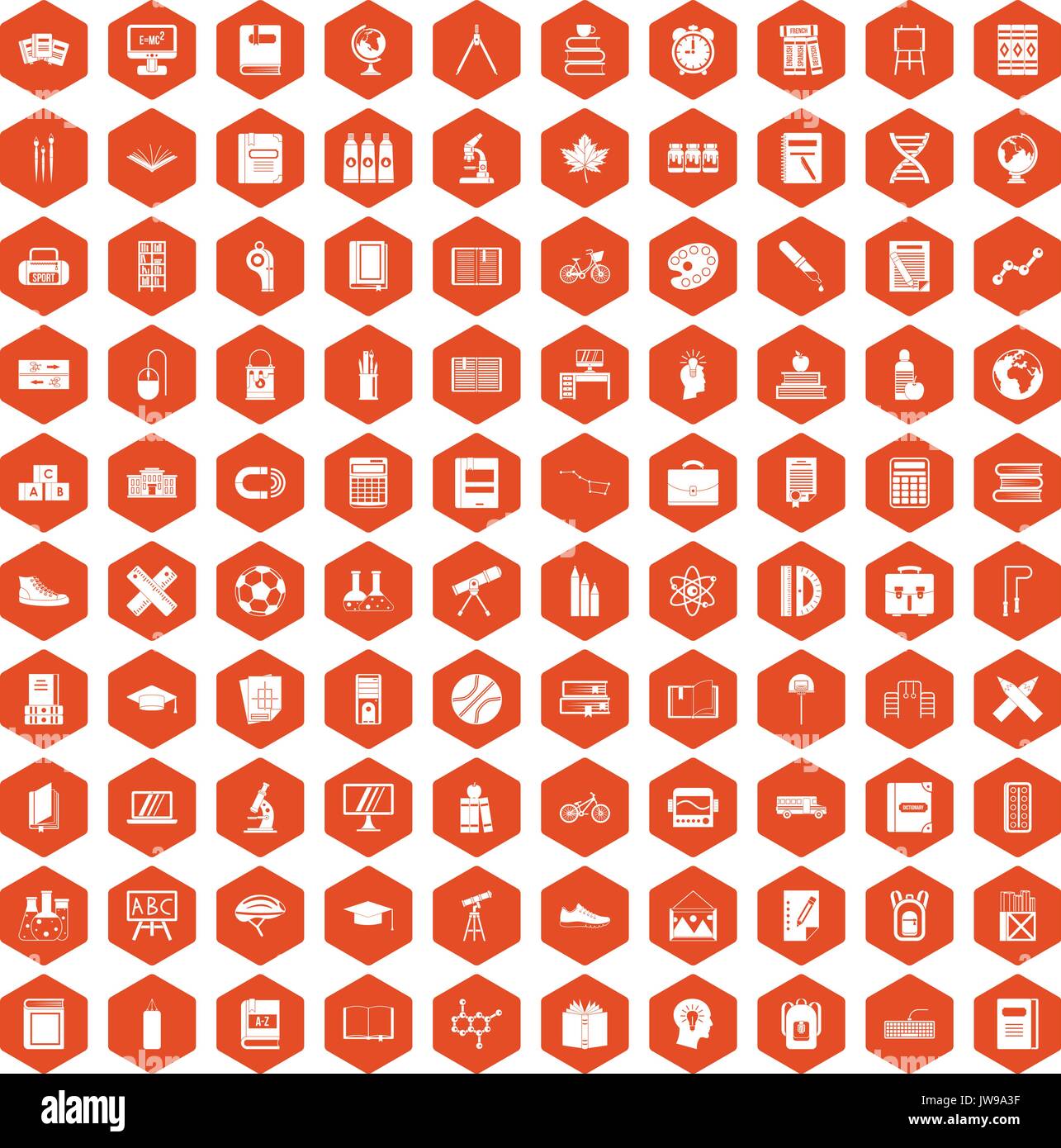 100 school icons hexagon orange Stock Vector