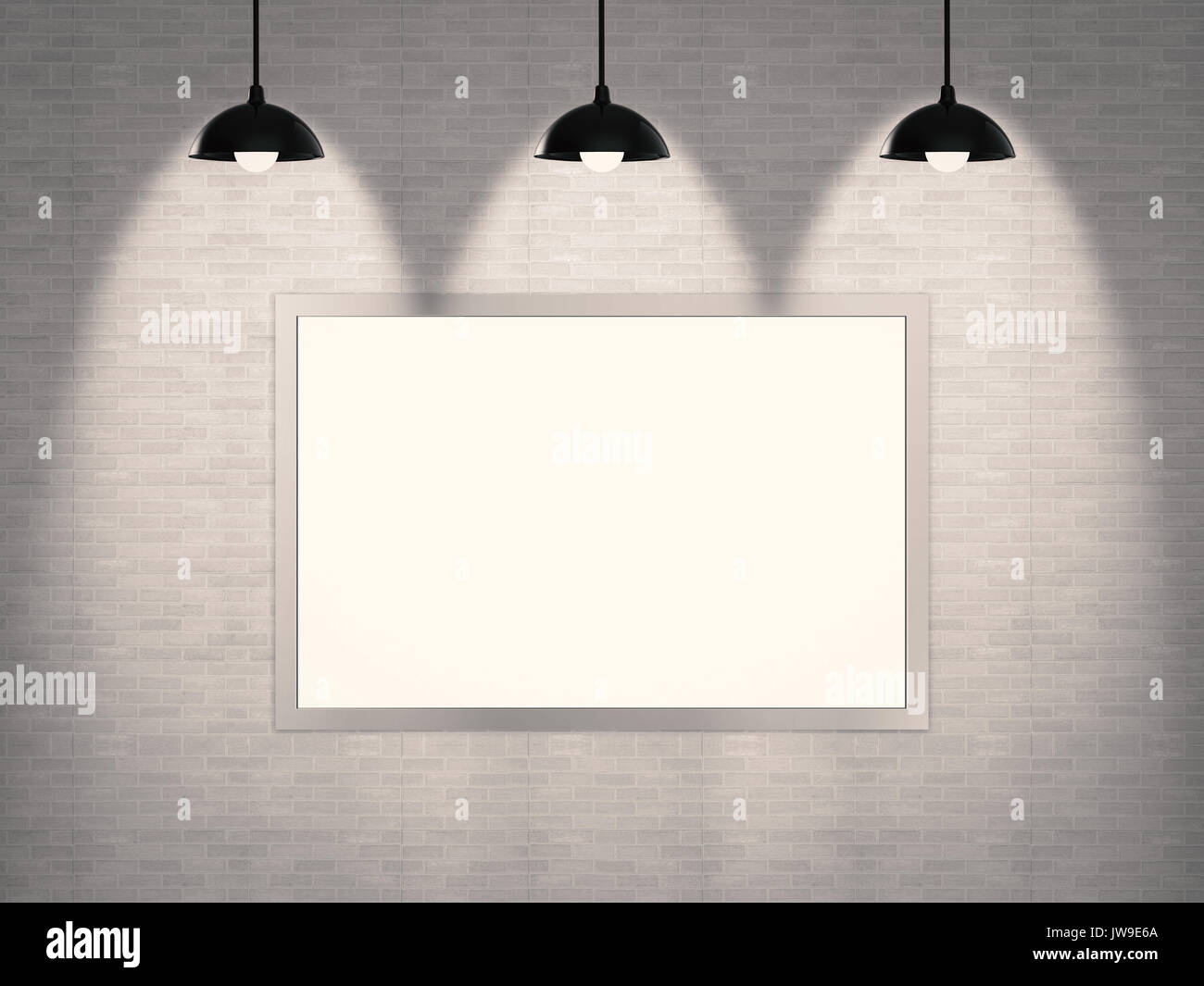 blank frame hanging on brick wall background Stock Photo