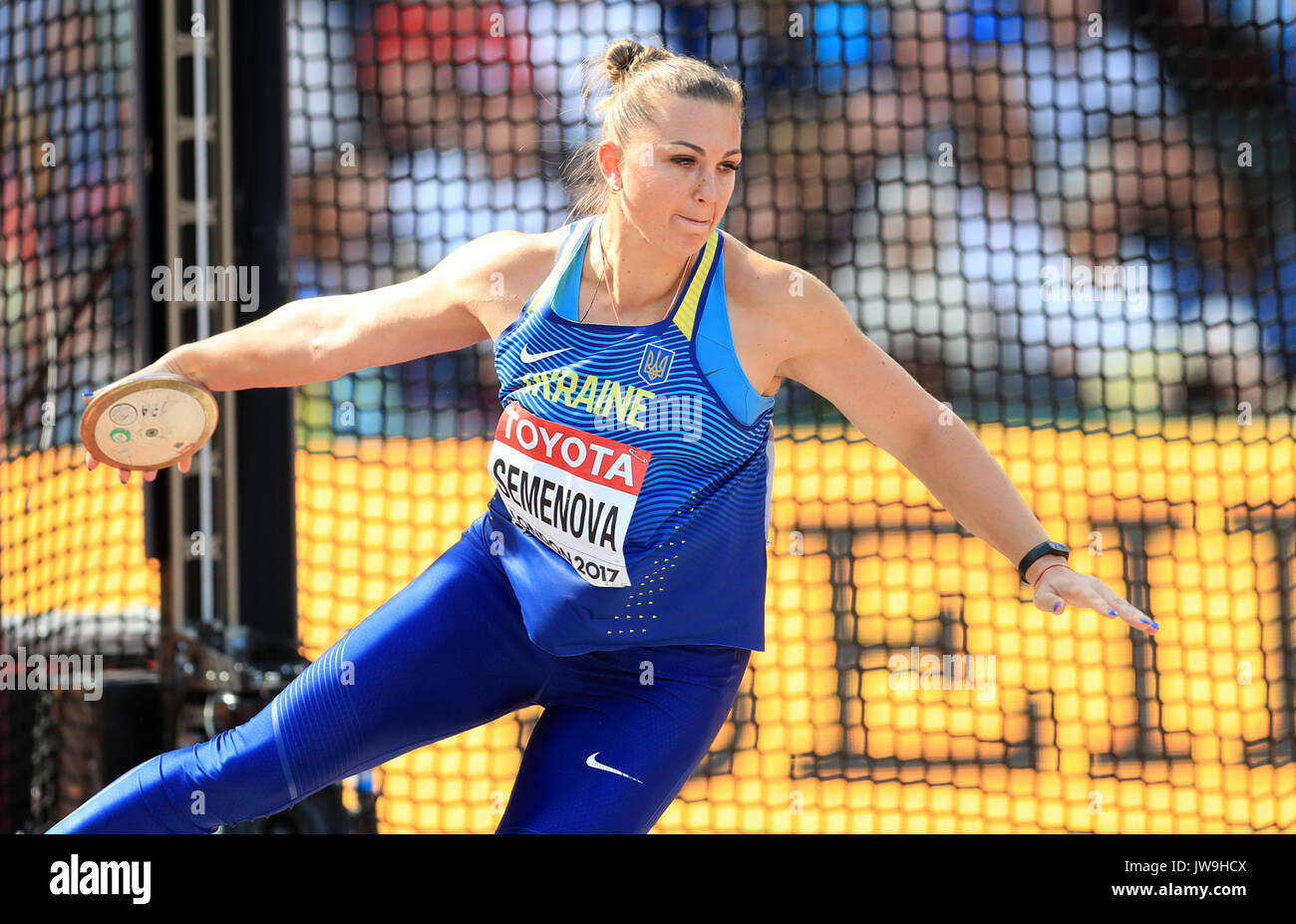 Ukraine's Natalia Semenova competes in the Women's Discus Throw