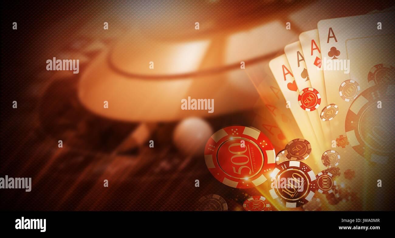 Casino Money Games Bet 3D Concept Illustration. Conceptual Casino Background with Roulette Wheel, Blackjack Cards and Betting Chips. Stock Photo