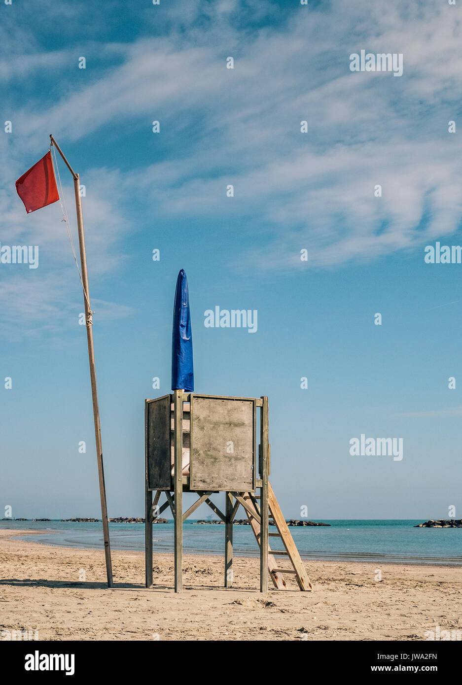 Life guard tower at Adriatic beach. Lido di Savio, Ravenna, Emilia Romagna, Italy. Stock Photo