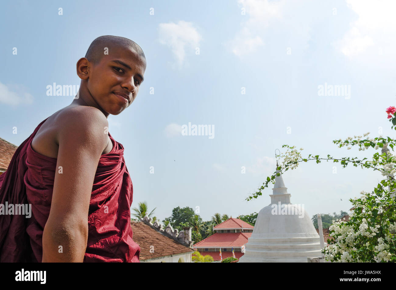 Dickwella, Sri Lanka, 04-15-2017: Young Buddhist monk on the background of a Buddhist pagoda looks at the camera Stock Photo