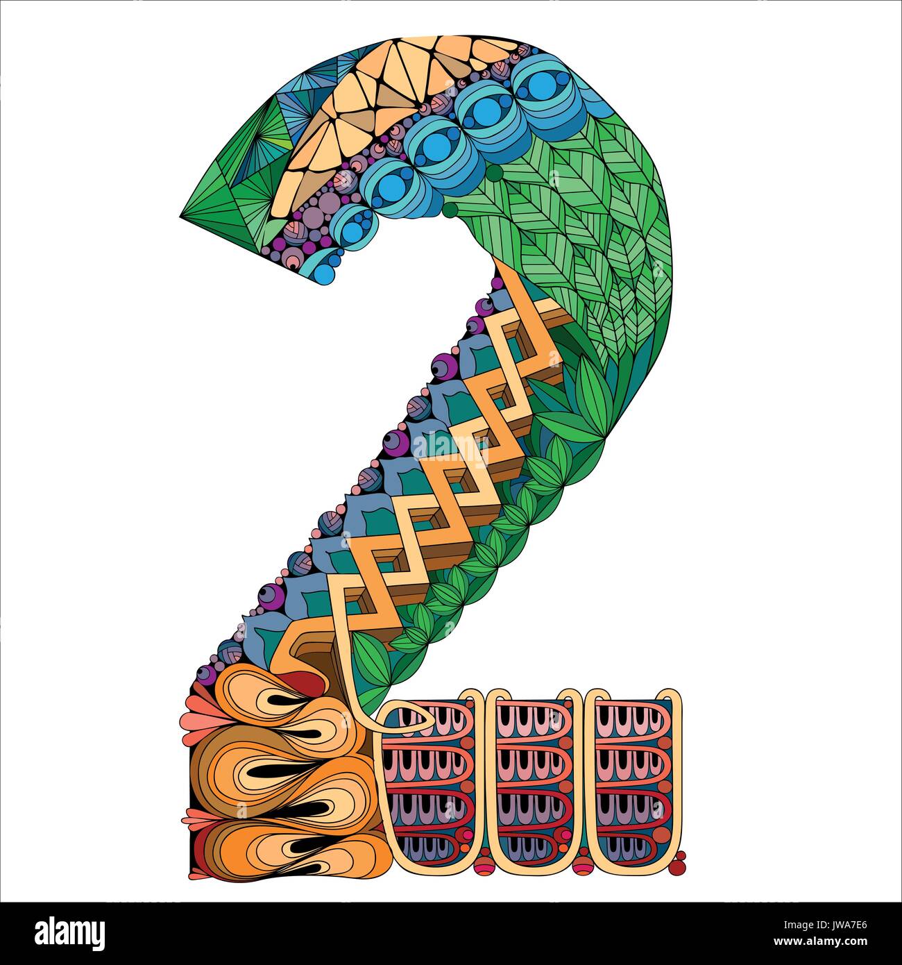 Hand-painted art design. Number two zentangle object. Stock Vector