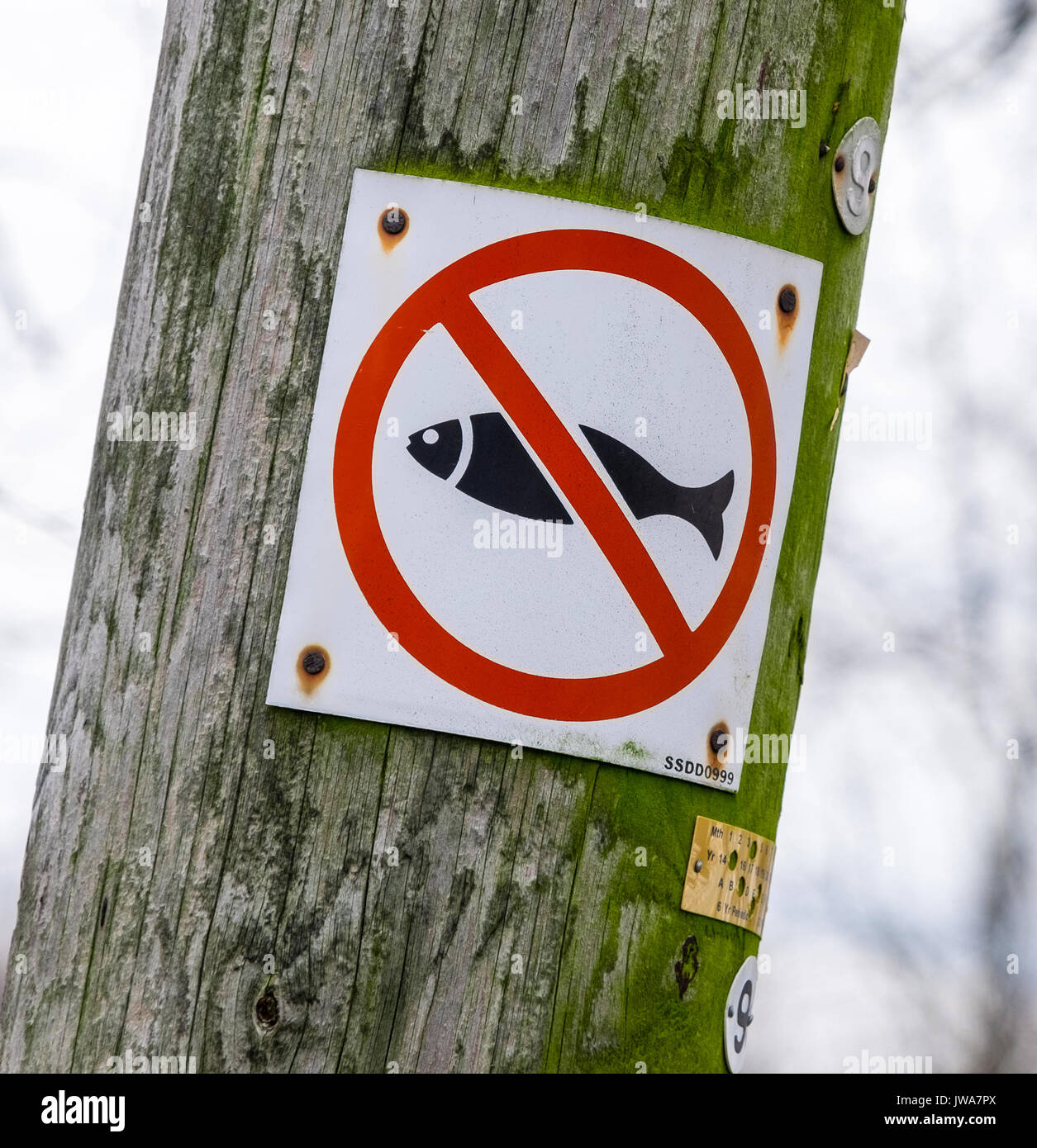 A no fishing sign - a fish with a red line through it Stock Photo