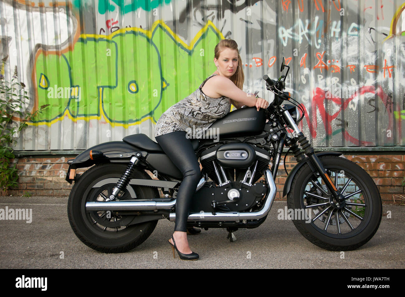 Pretty girl on a Harley Davidson motorcycle with a graffiti covered wall Stock Photo Alamy