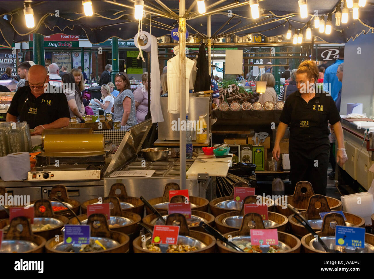 Ireland, North, Belfast, St George's Market interior, Stall selling olives. Stock Photo