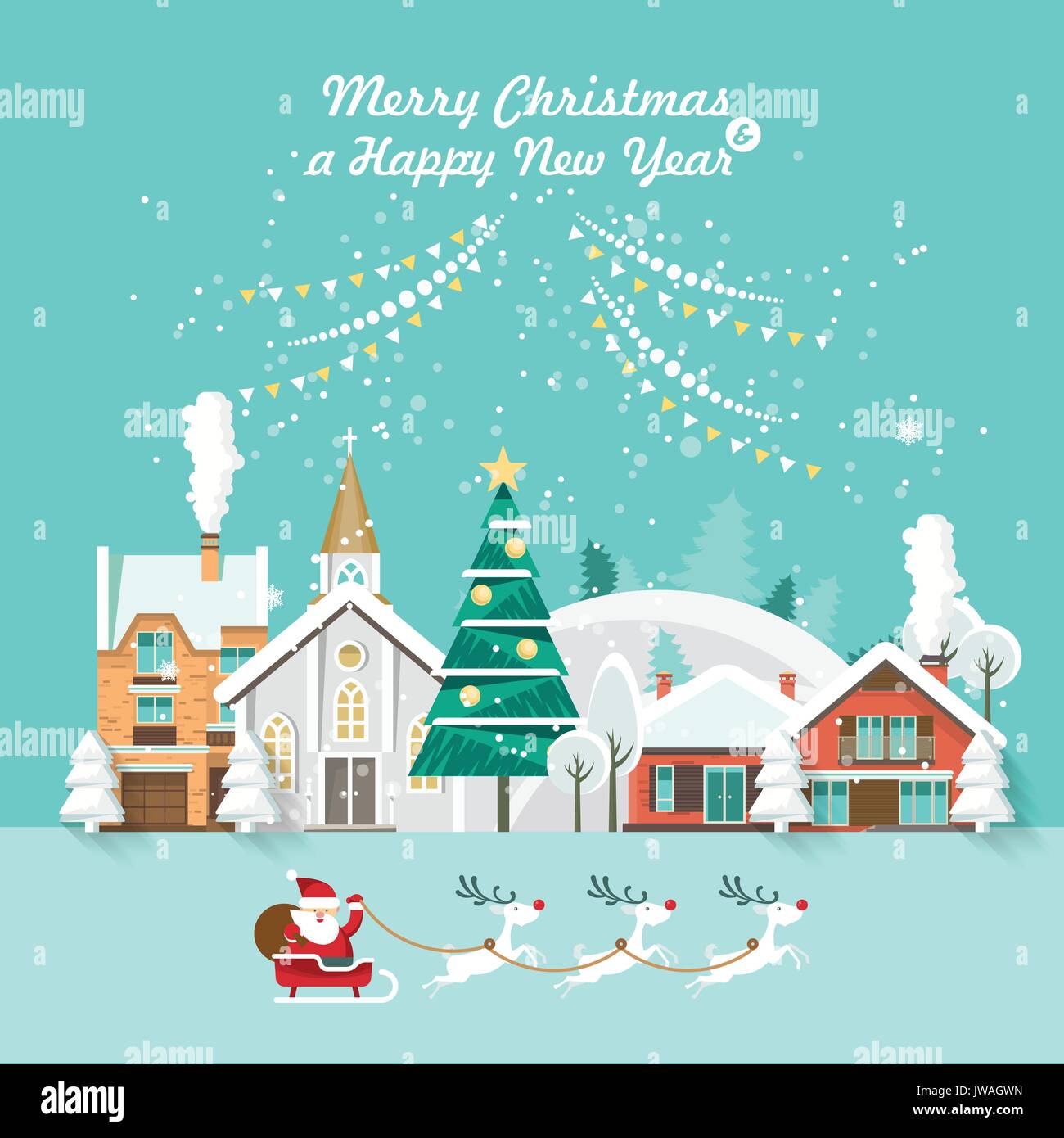 Merry Christmas and a Happy New Year vector greeting card in modern flat design Christmas