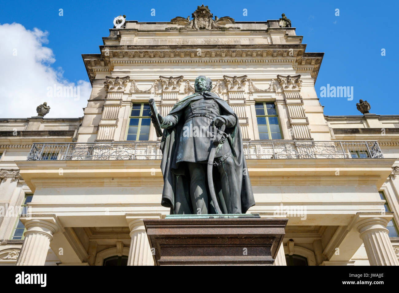 Palace with statue of Friedrich Franz I, Grand Duke of Mecklenburg, Ludwigslust, Mecklenburg-Vorpommern, Germany Stock Photo