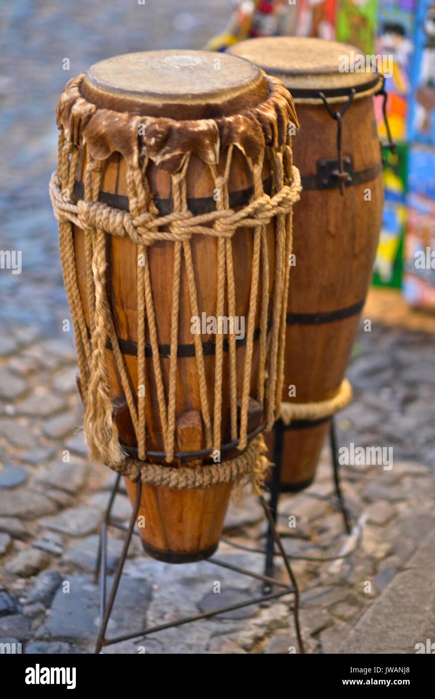 Traditional hand drums,atabaques,in the Pelourinho,Salvador's historic district. Stock Photo