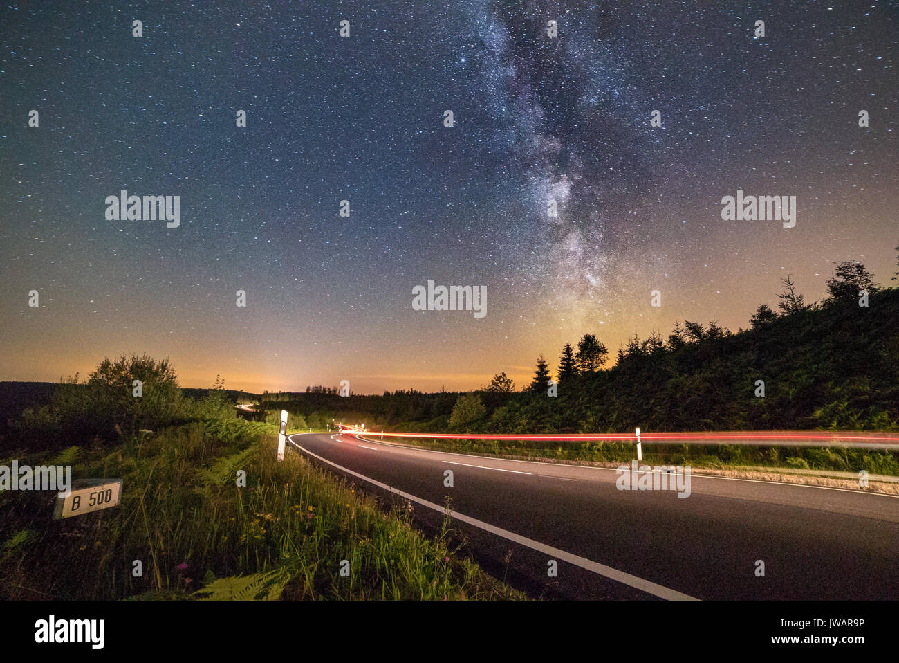 Black Forest High Road with light trail, at night with Milky Way, Black Forest, Baden