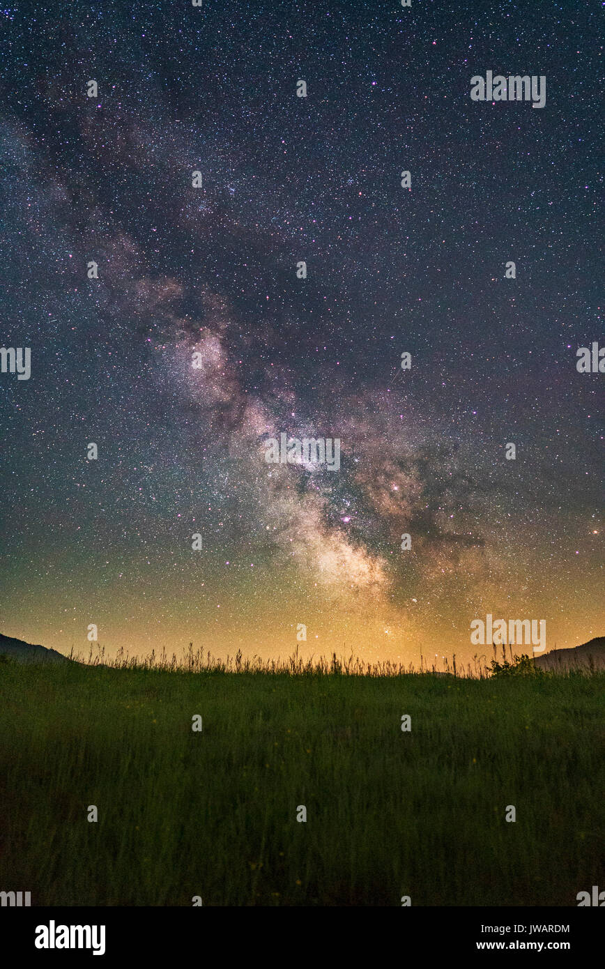 Milky Way over meadow, Baden-Württemberg, Germany Stock Photo