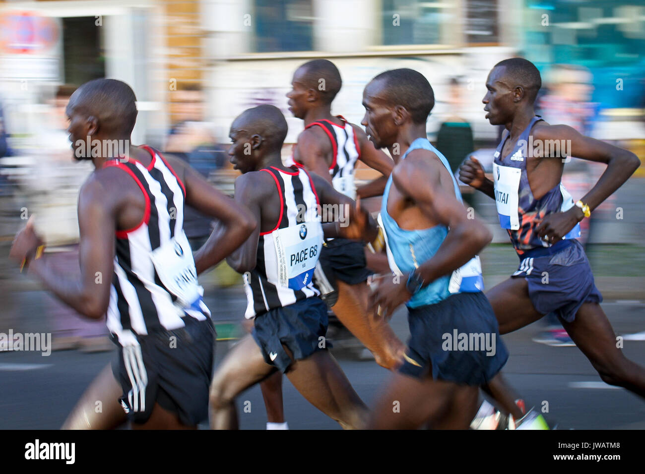 BERLIN, GERMANY – SEPTEMBER 27, 2015: Professional runners during the 2015 42nd edition of the Berlin Marathon, including athlete Eliud Kipchoge and r Stock Photo