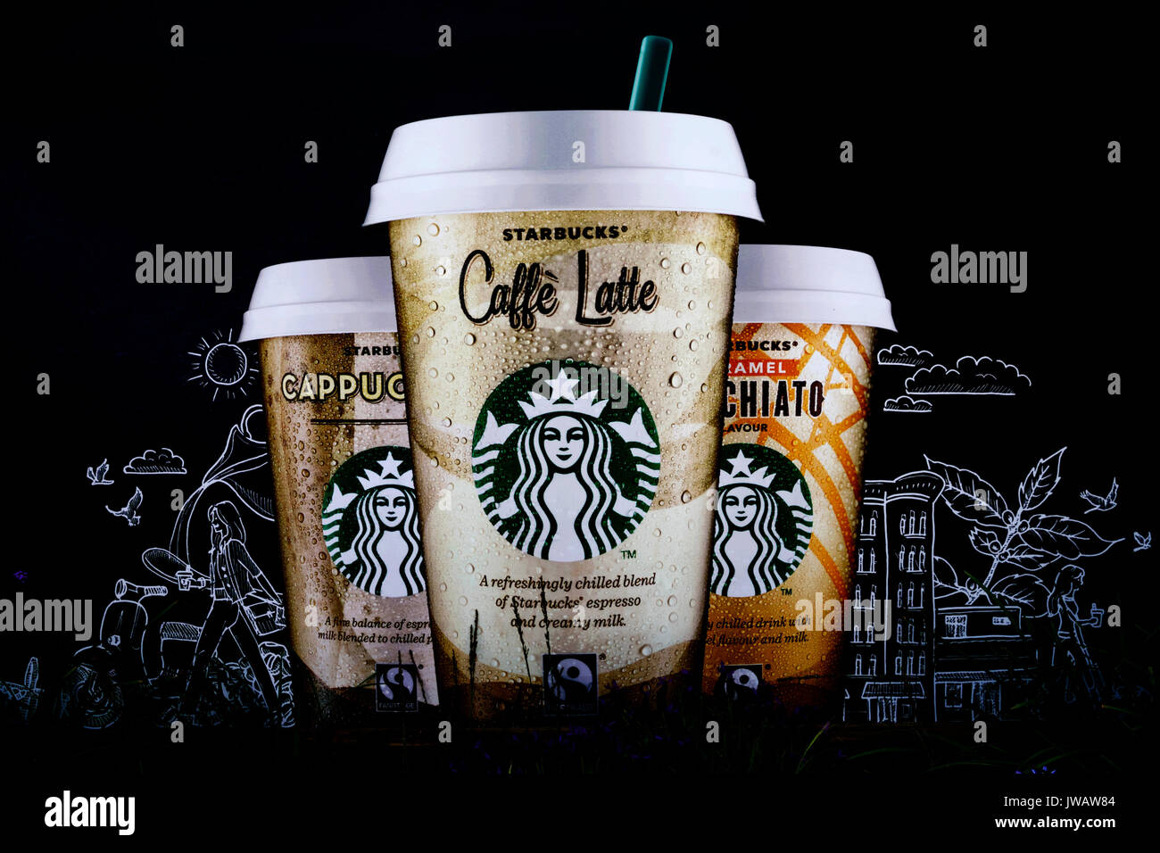 Starbucks coffee Caffe Latte chilled. Brand advertising poster. Stock Photo