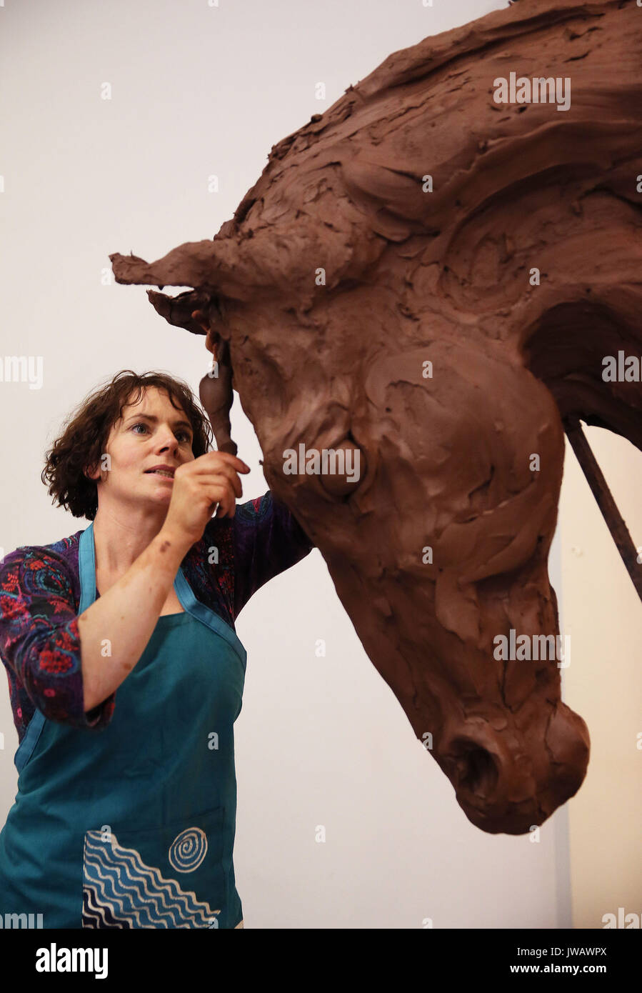 Sculptor Siobhan Bulfin works on a clay model of a horse at the Dublin Horse Show at the RDS in