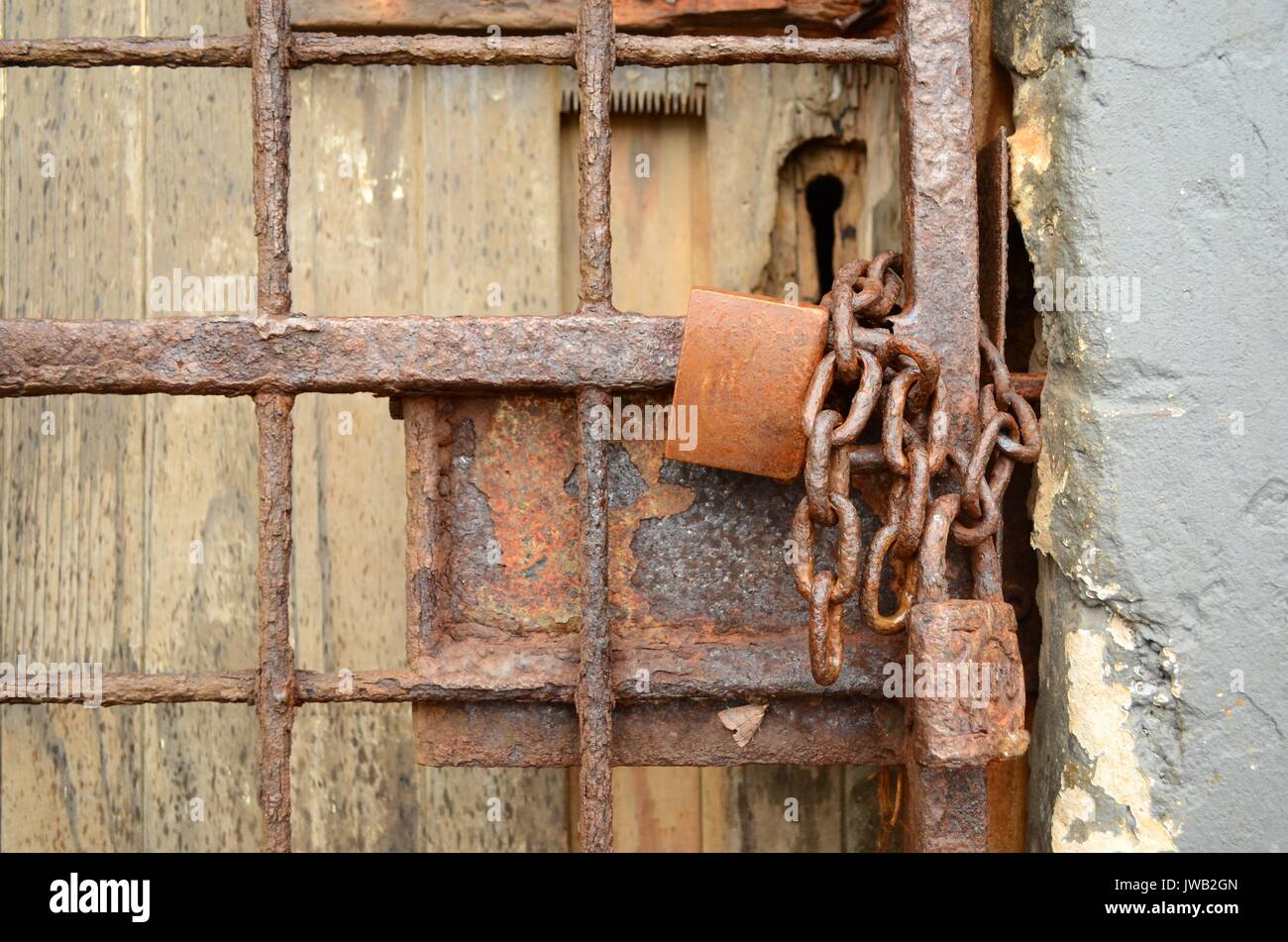 Close up of rusty padlocks and chain on rusted security gate, closing off old wooden door with key hole and showing part of wall painted light grey. Stock Photo