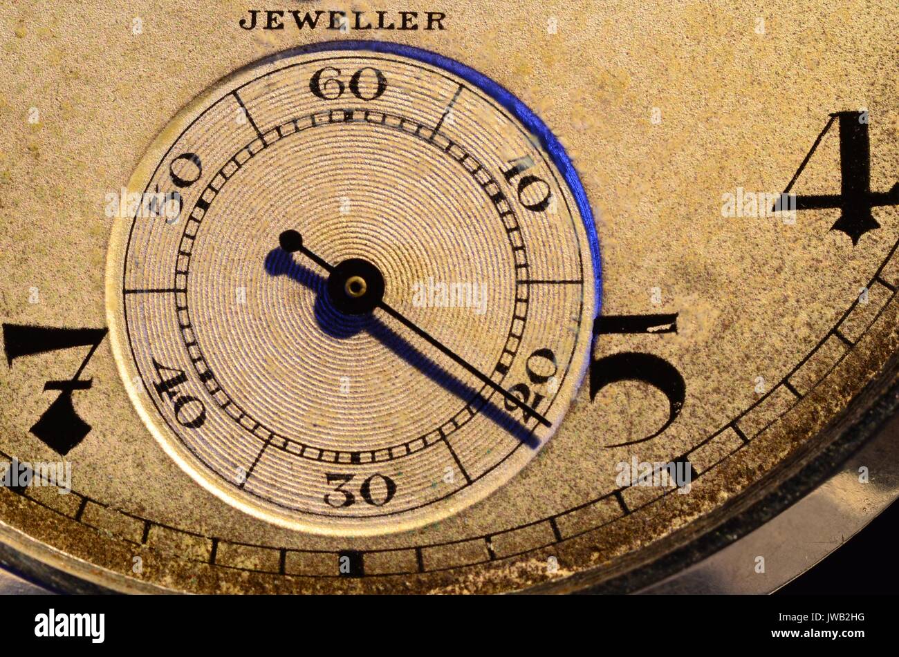 Time - second hand. Close up of second hand of old analogue pocket watch. Face is patterned brownish. Second hand , markings and figures are black. Stock Photo