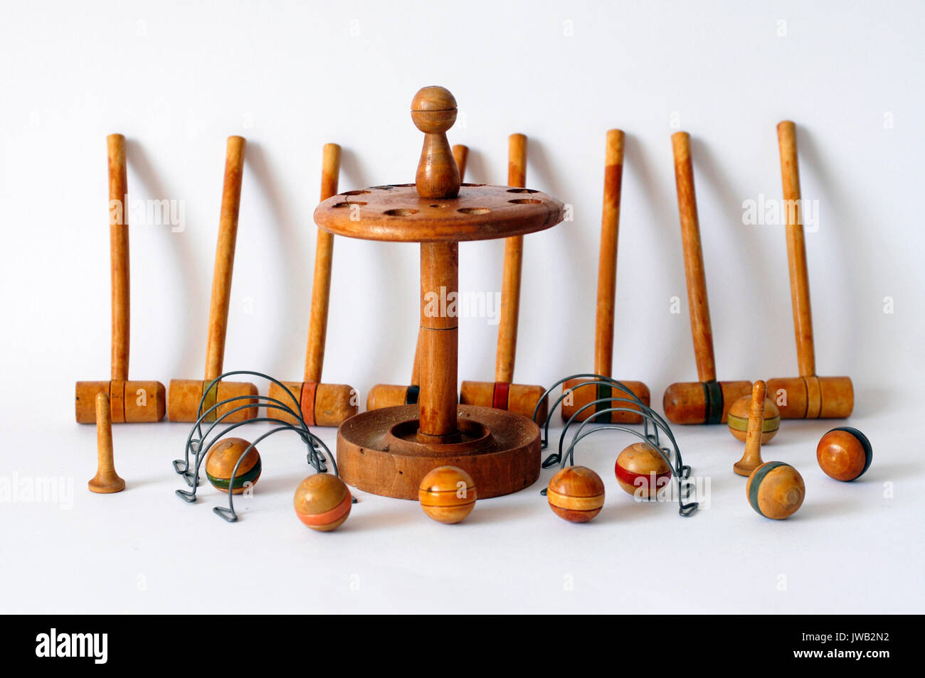 Vintage mini Croquet game set, make by wood, with sticks and ball Stock