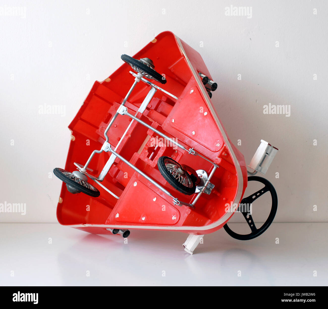 Vintage toy tricycle with spacecraft shape. Coloma, manufactured in Barcelona, Made in Spain Stock Photo