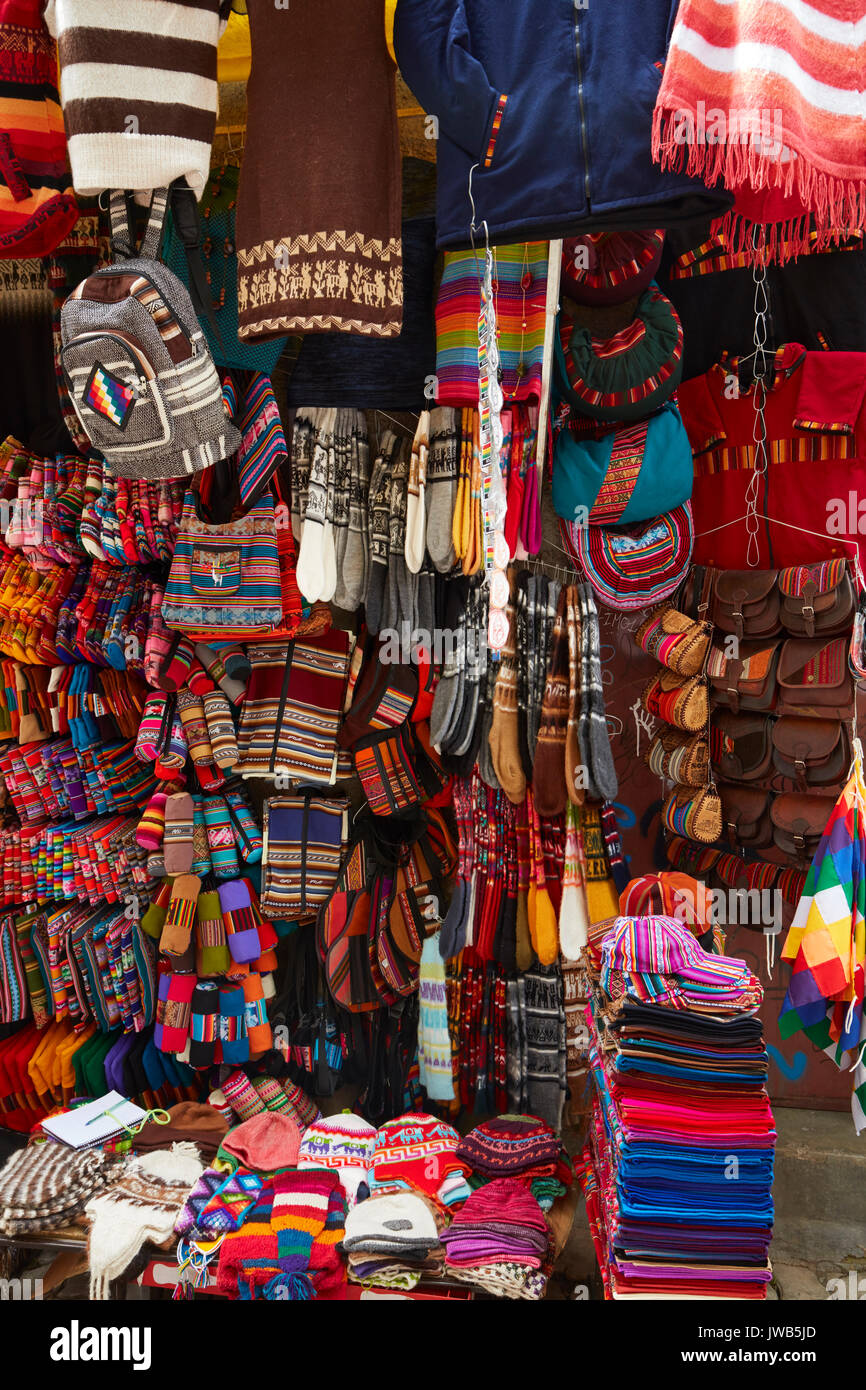 Shop selling Bolivian handicrafts, Witches Market, La Paz, Bolivia, South America Stock Photo