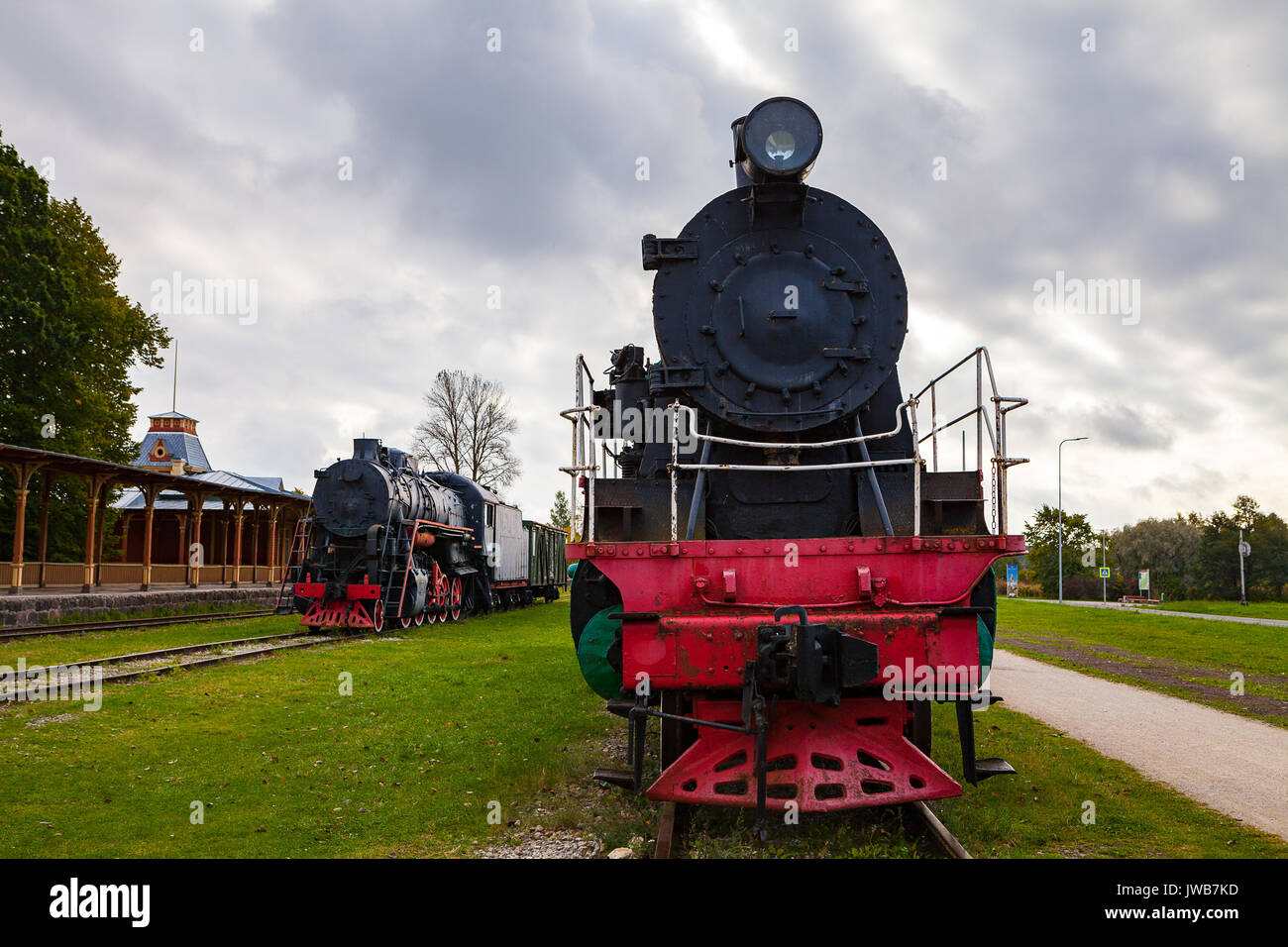 Retro steam cocomotive at the Haapsalu railway station Stock Photo