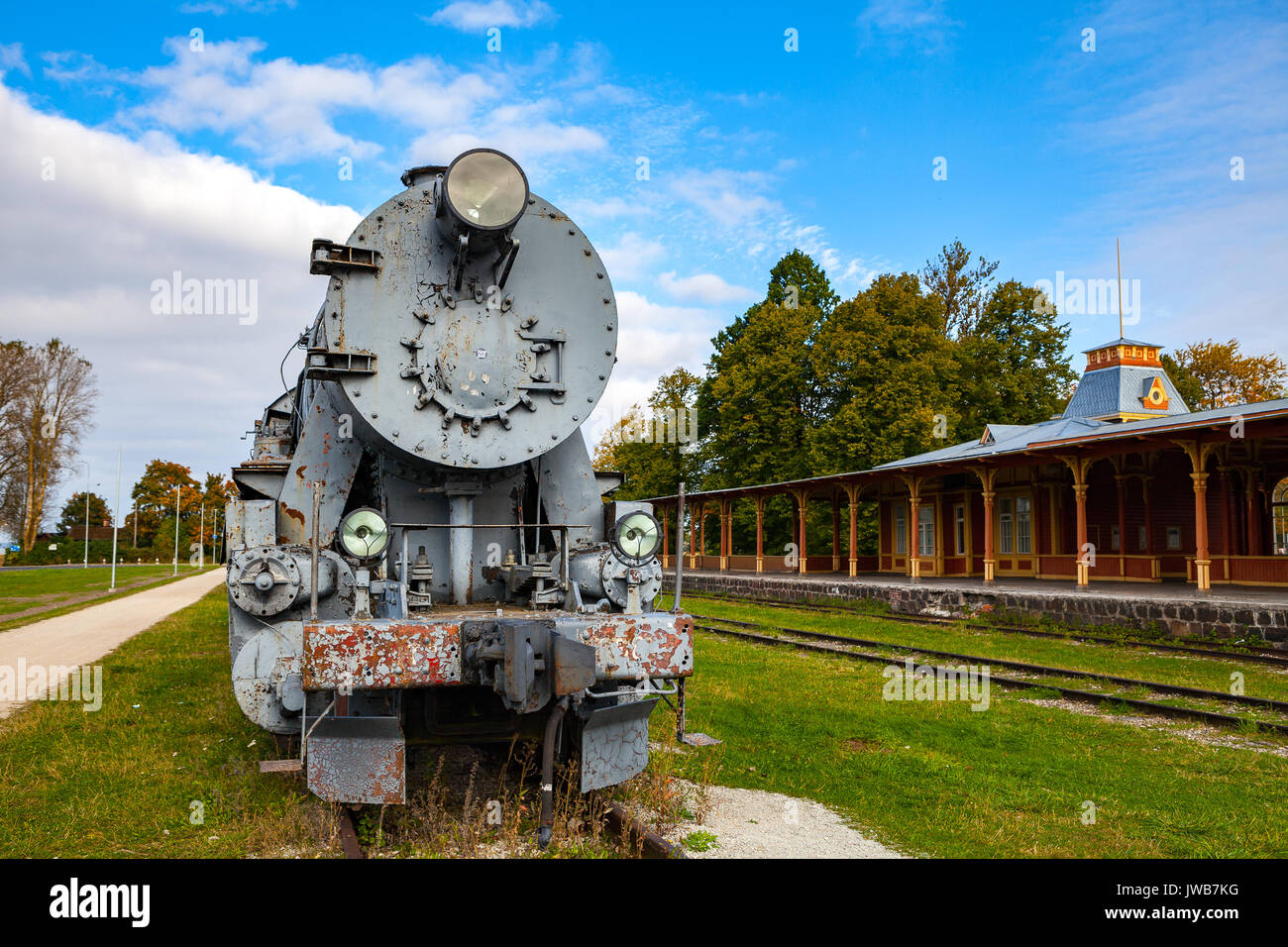 Retro steam cocomotive at the Haapsalu railway station Stock Photo