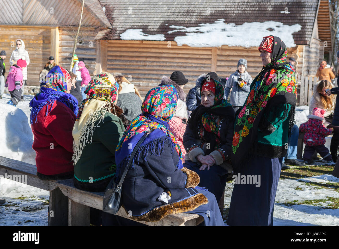 TALLINN, ESTONIA - 12 MAR 2016: Traditional off winter holiday, spring meeting carnival. Ethographic open air museum. Stock Photo