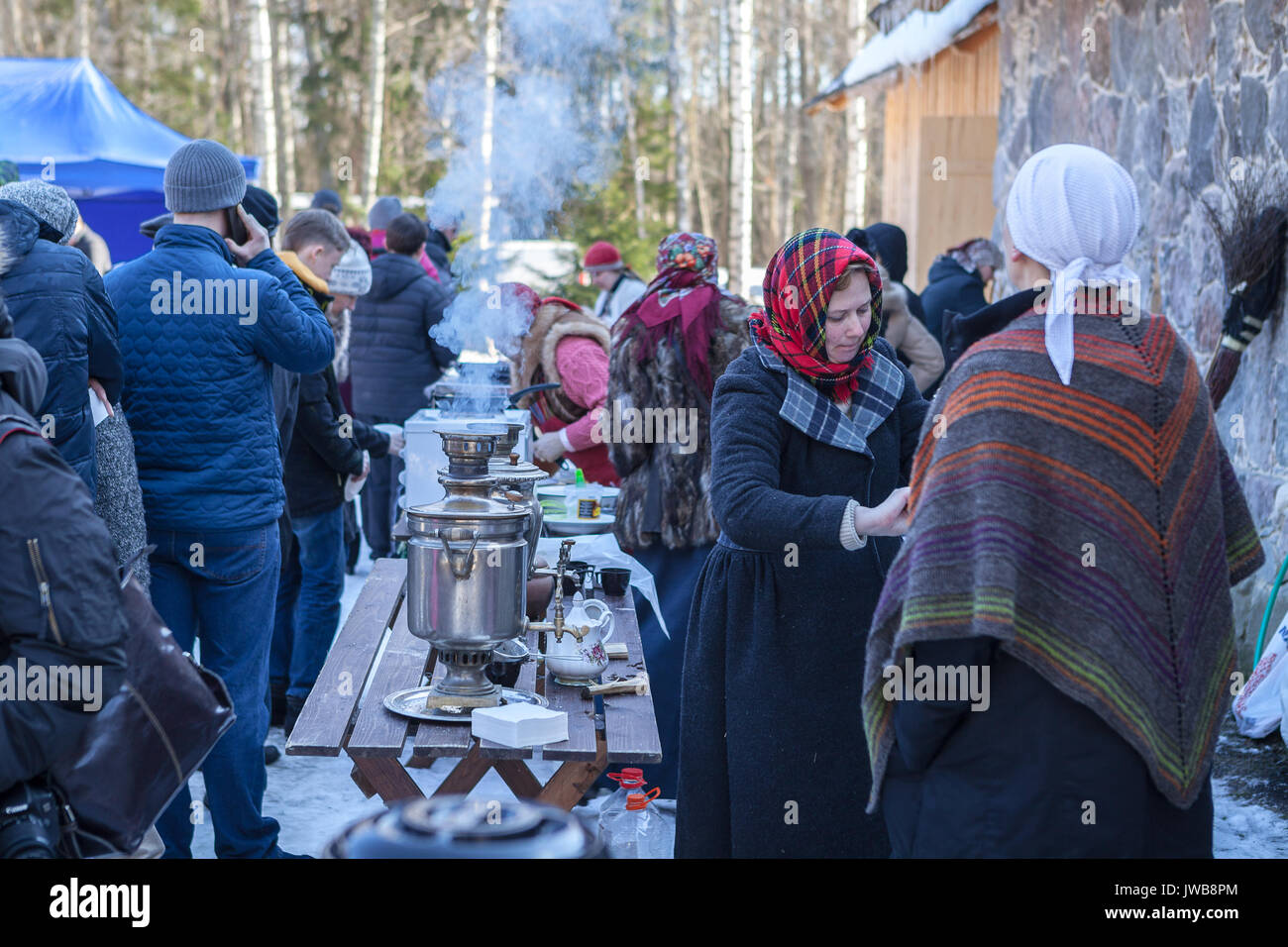 TALLINN, ESTONIA - 12 MAR 2016: Traditional off winter holiday, spring meeting carnival. Ethographic open air museum. Stock Photo