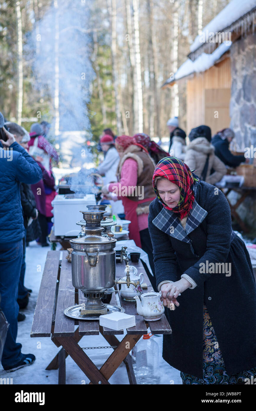 TALLINN, ESTONIA - 12 MAR 2016: Traditional off winter holiday, spring meeting carnival. Ethographic open air museum. Stock Photo