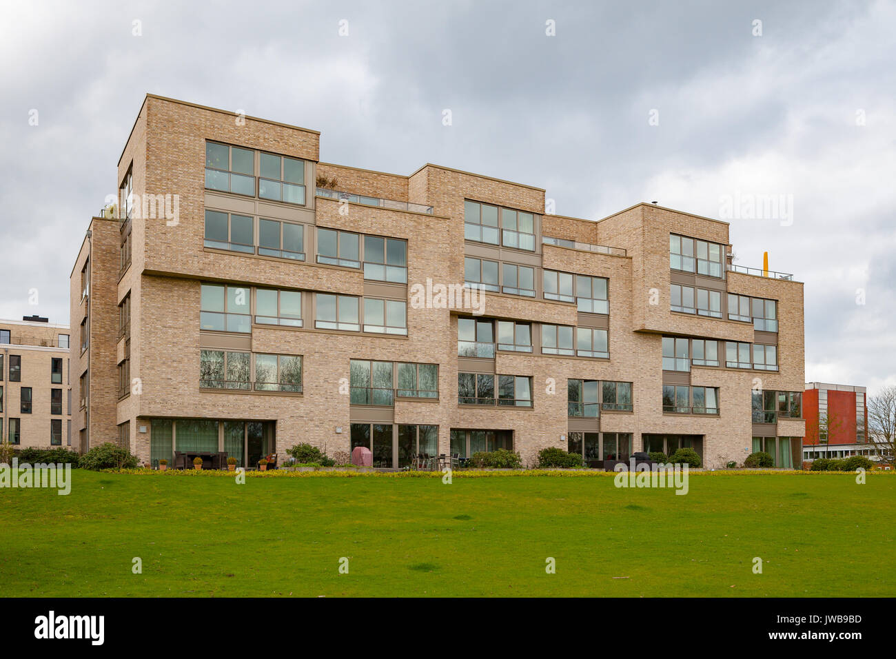New apartment house in Bremen, Germany. Fivestory light brick building