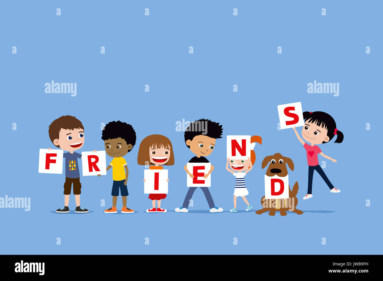 Group of children and a dog holding letters saying friends. Cute diverse cartoon illustration of little girls and boys. Stock Photo