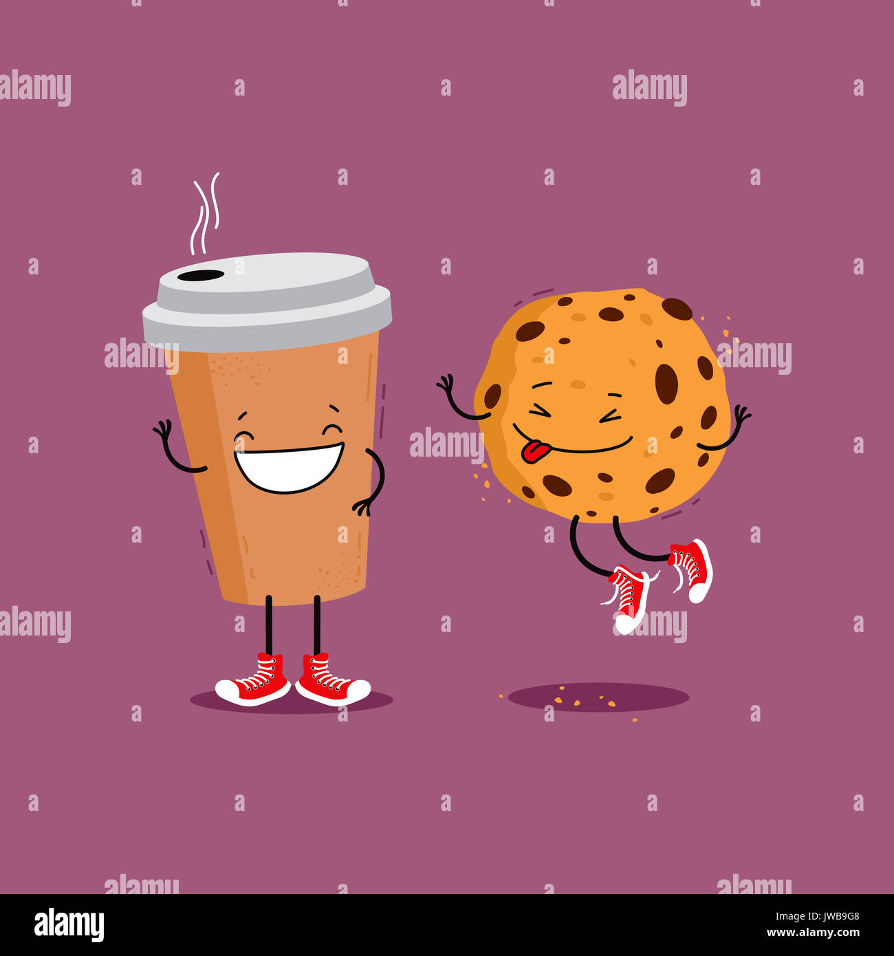Coffee and cookie. Funny cartoon illustration on purple background Stock Photo - Alamy Coffee and cookie. Funny cartoon illustration on purple background Stock Photo - Alamy