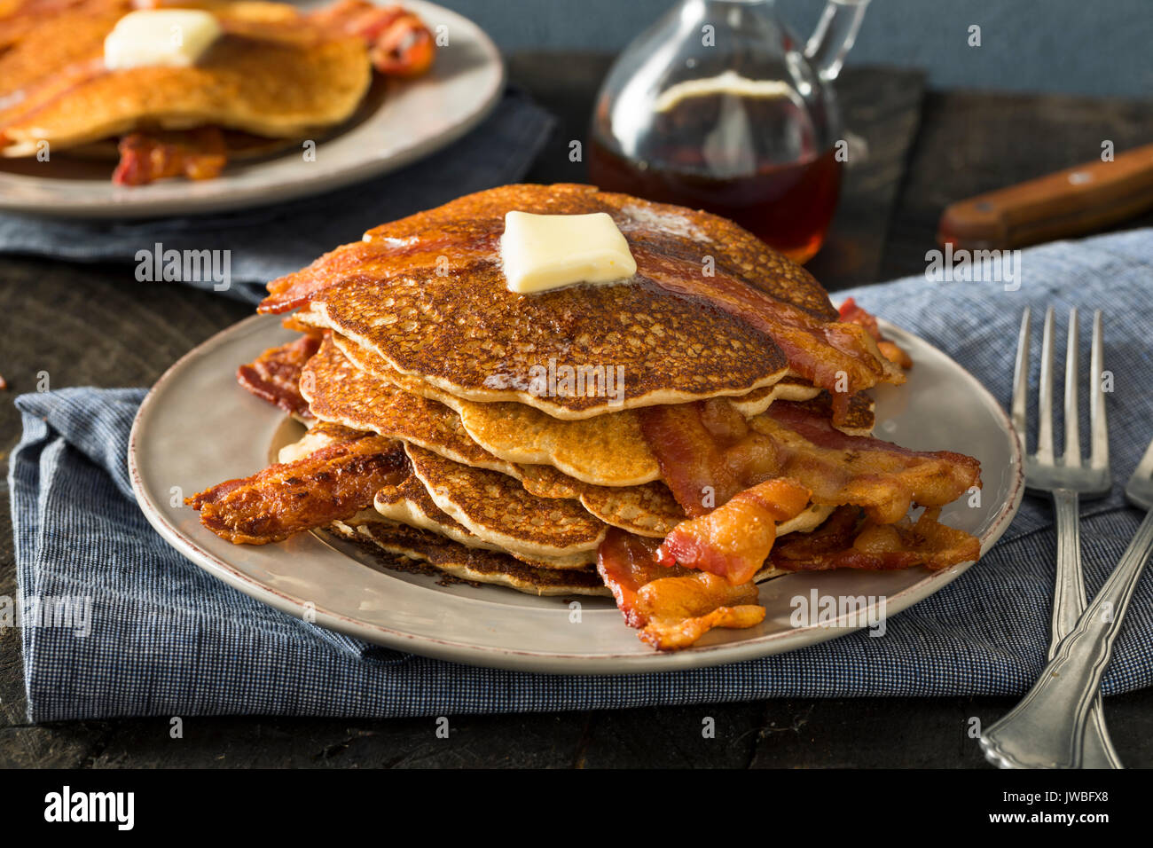 Homeade Sweet Bacon Pancakes with Maple Syrup Stock Photo