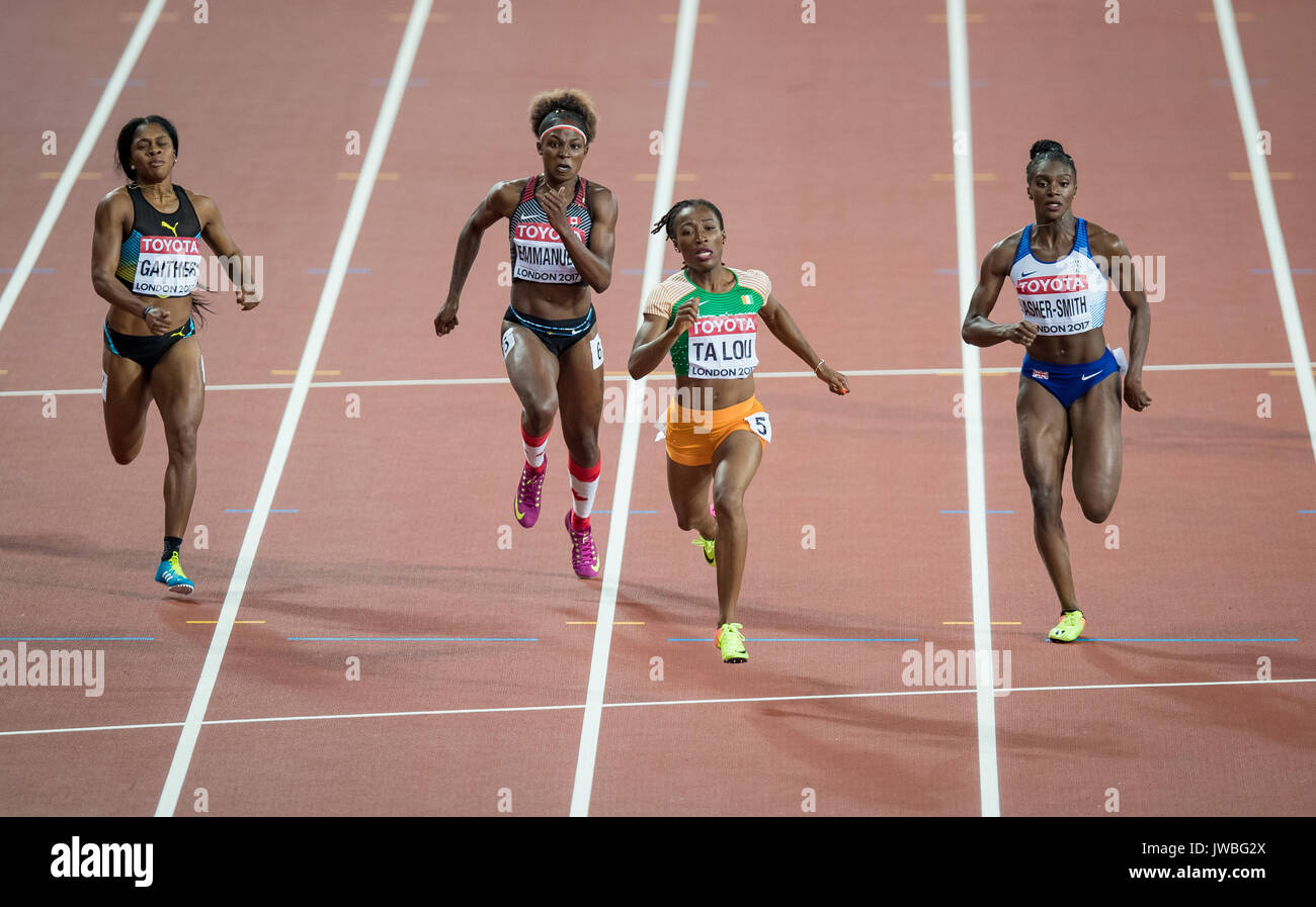 (200m Semi Final Heat 3) Marie-Josee TA LOU (2nd right) of Ivory Coast wins (22.50), Dina ASHER-SMITH (right) of GBR finishes 2nd with Tynia GAITHER o Stock Photo