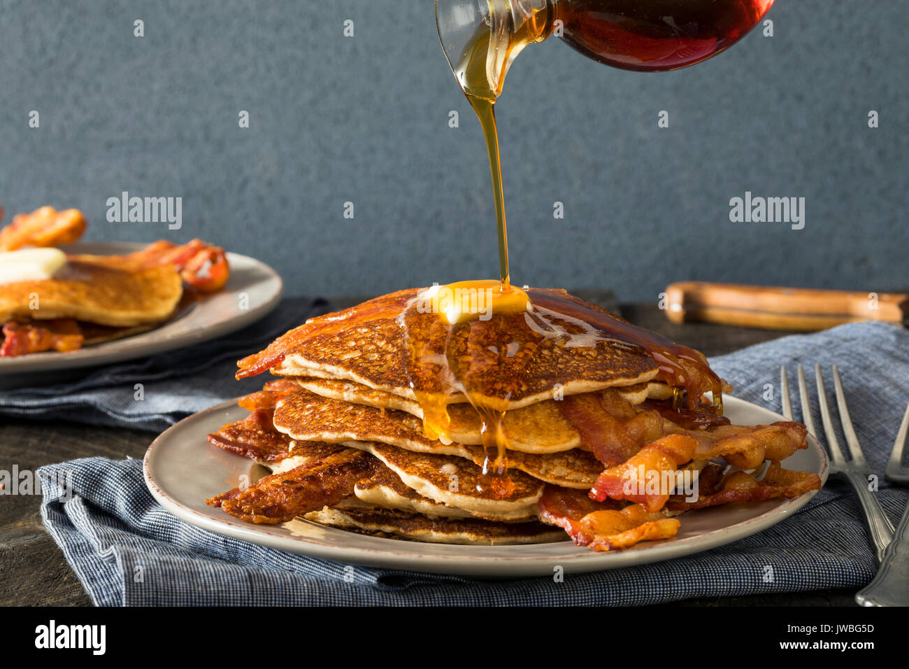 Homeade Sweet Bacon Pancakes with Maple Syrup Stock Photo Alamy