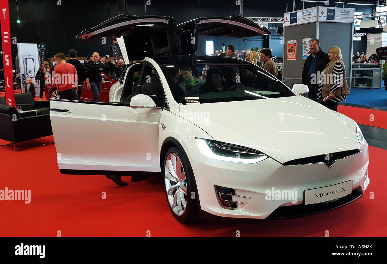 Salzburg, Austria March 25th 2017 Tesla model X on display at the Salzburg car show Stock