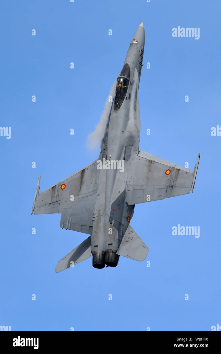 Spanish Air Force McDonnell Douglas EF-18AM Hornet jet displaying at an airshow. Serial 15-26. Modernised C.15 of Ala 15 Zaragoza Stock Photo