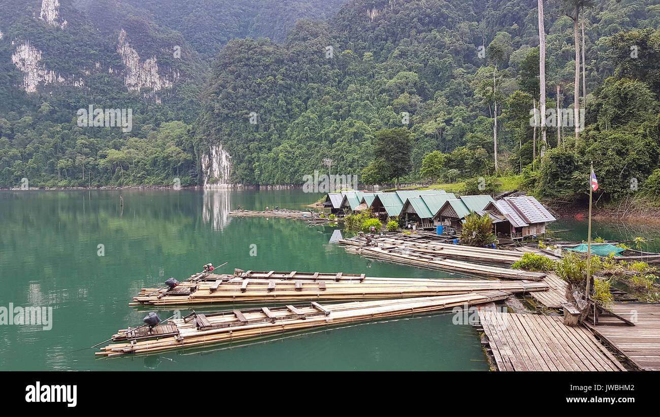 Bamboo rafts on Cheow Lan Lake Stock Photo