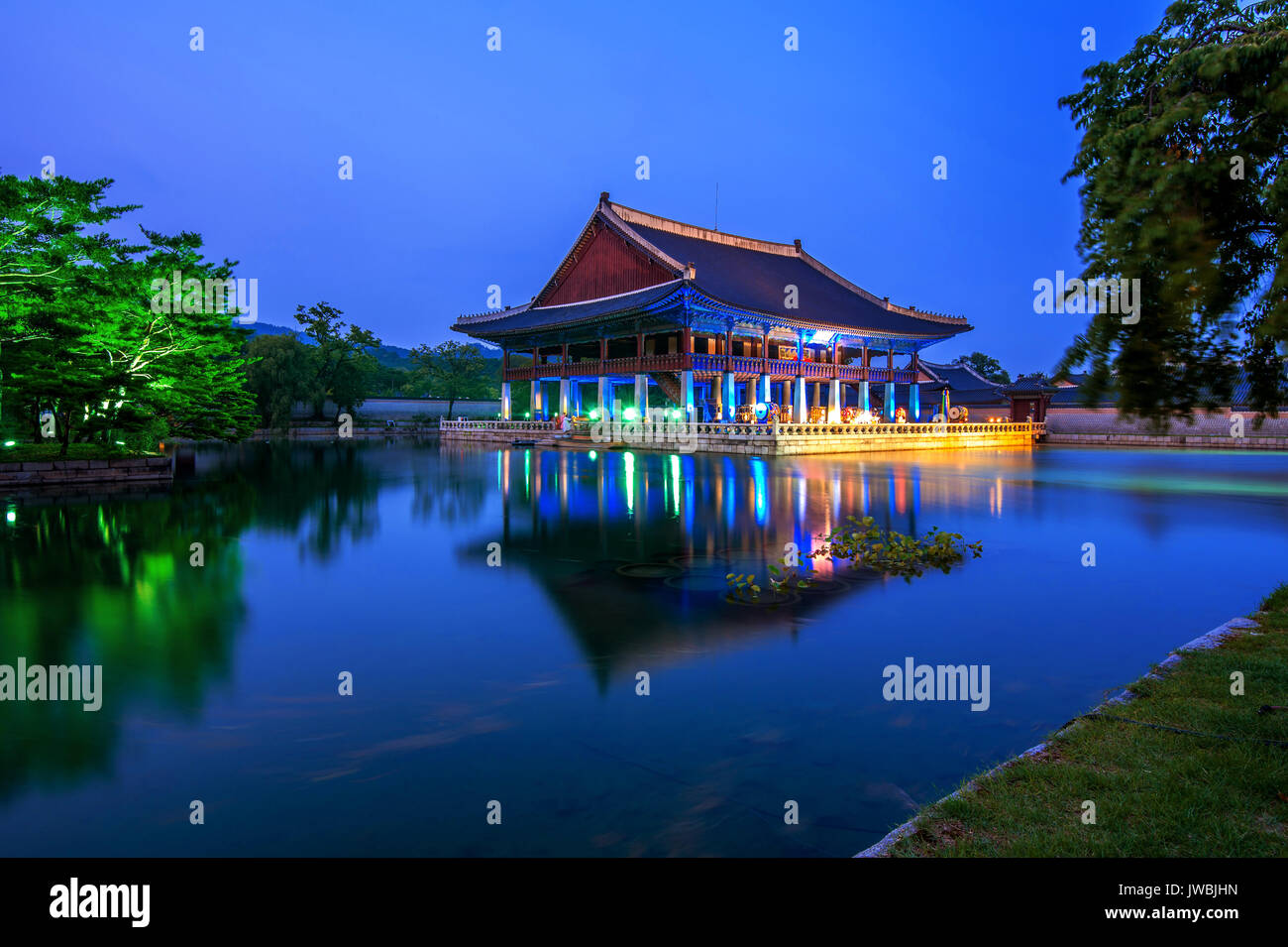Gyeongbokgung Palace and Milky Way at night in seoul,Korea. Stock Photo