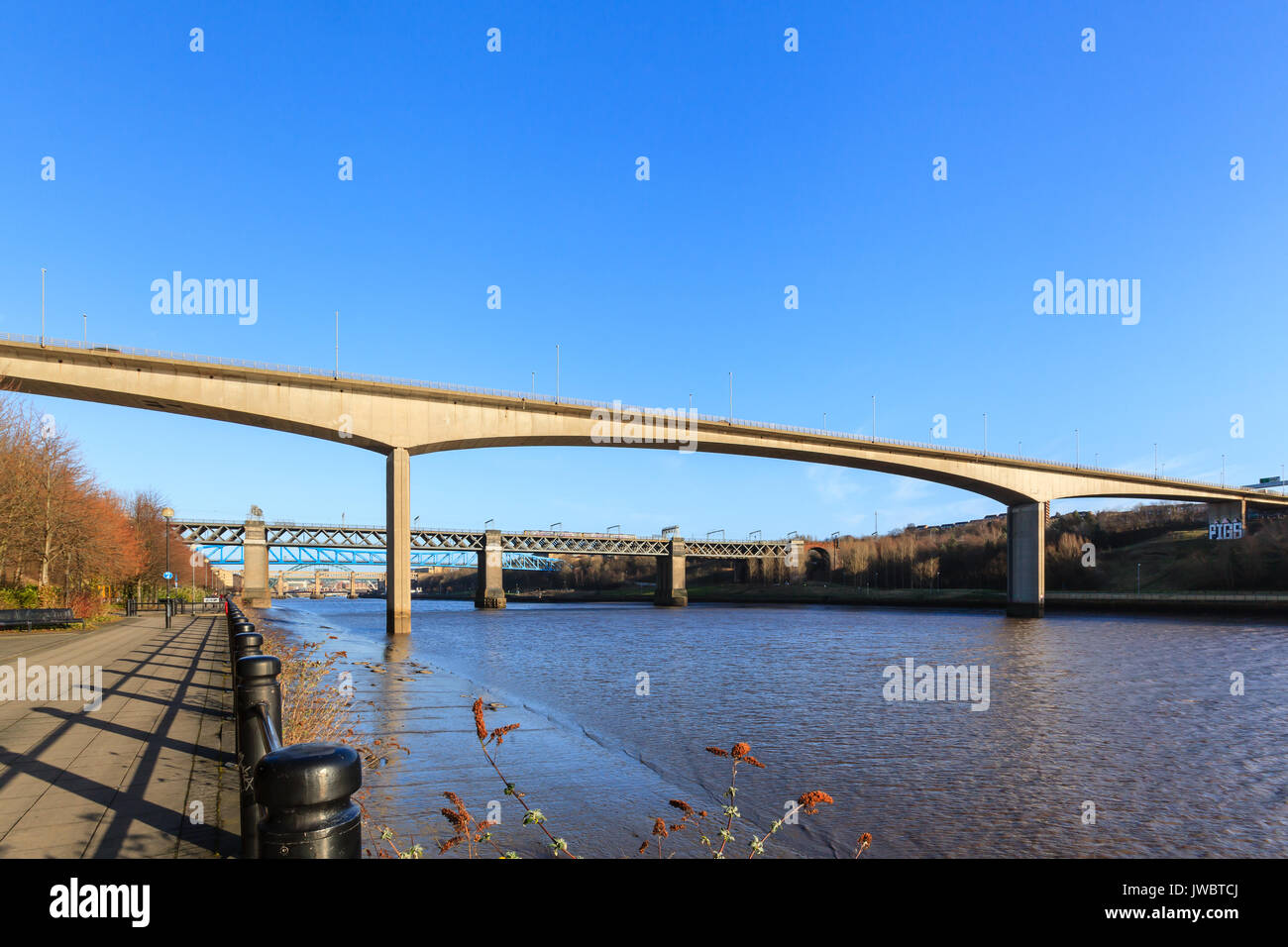 The Redheugh Bridge is a road bridge on the River Tyne, England, connecting Newcastle upon Tyne and Gateshead. Stock Photo