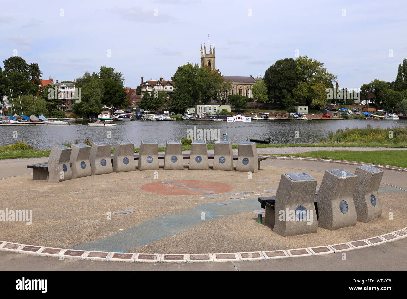 Molesey Heritage Marker, St Mary's Church Hampton beyond across River