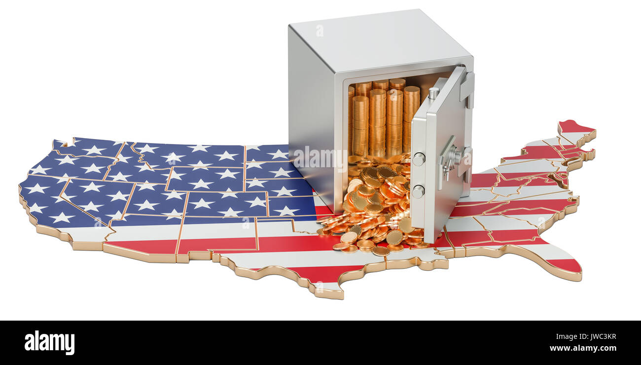 Safe box with golden coins on the map of USA, 3D rendering Stock Photo ...