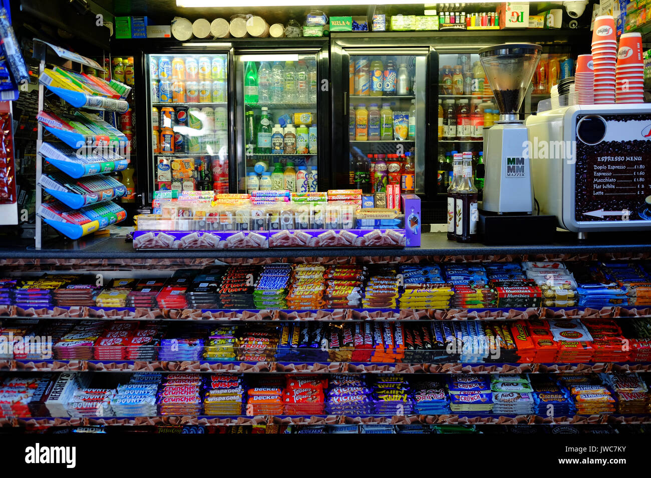 A chocolate, drinks and sweet kiosk at Shoreditch High Street station, London Stock Photo