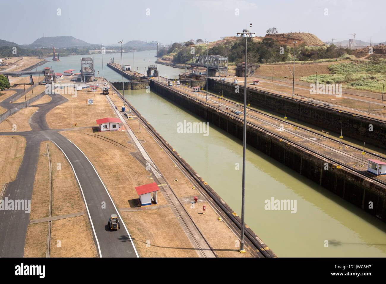 The Miraflores Locks of the Panama Canal leading to the Gulf of Panama and the Pacific Ocean entrance. Stock Photo