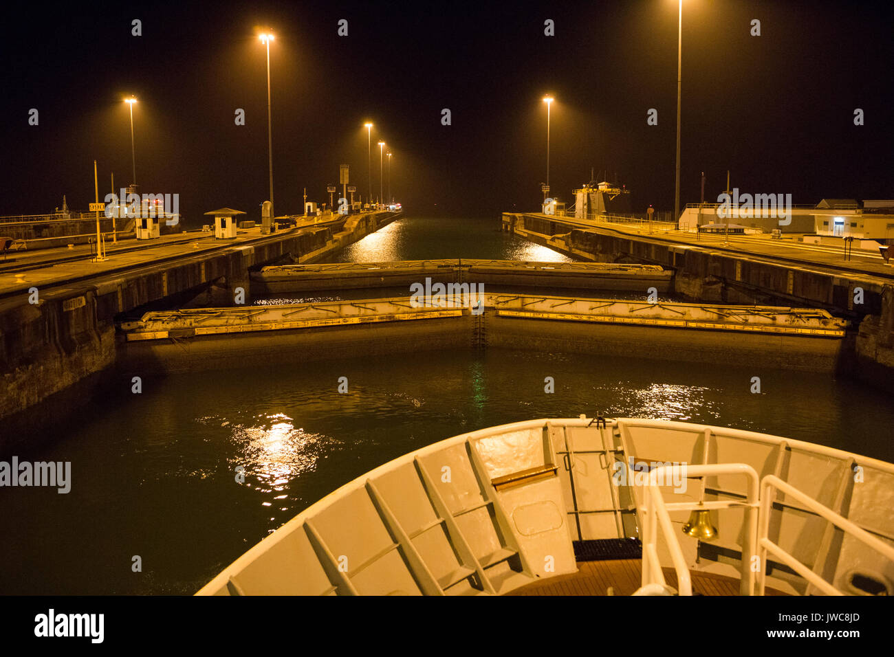 A view to the Gatun Locks of the Panama Canal from the bridge of an expedition cruise ship,the National Geographic Sea Lion. Stock Photo