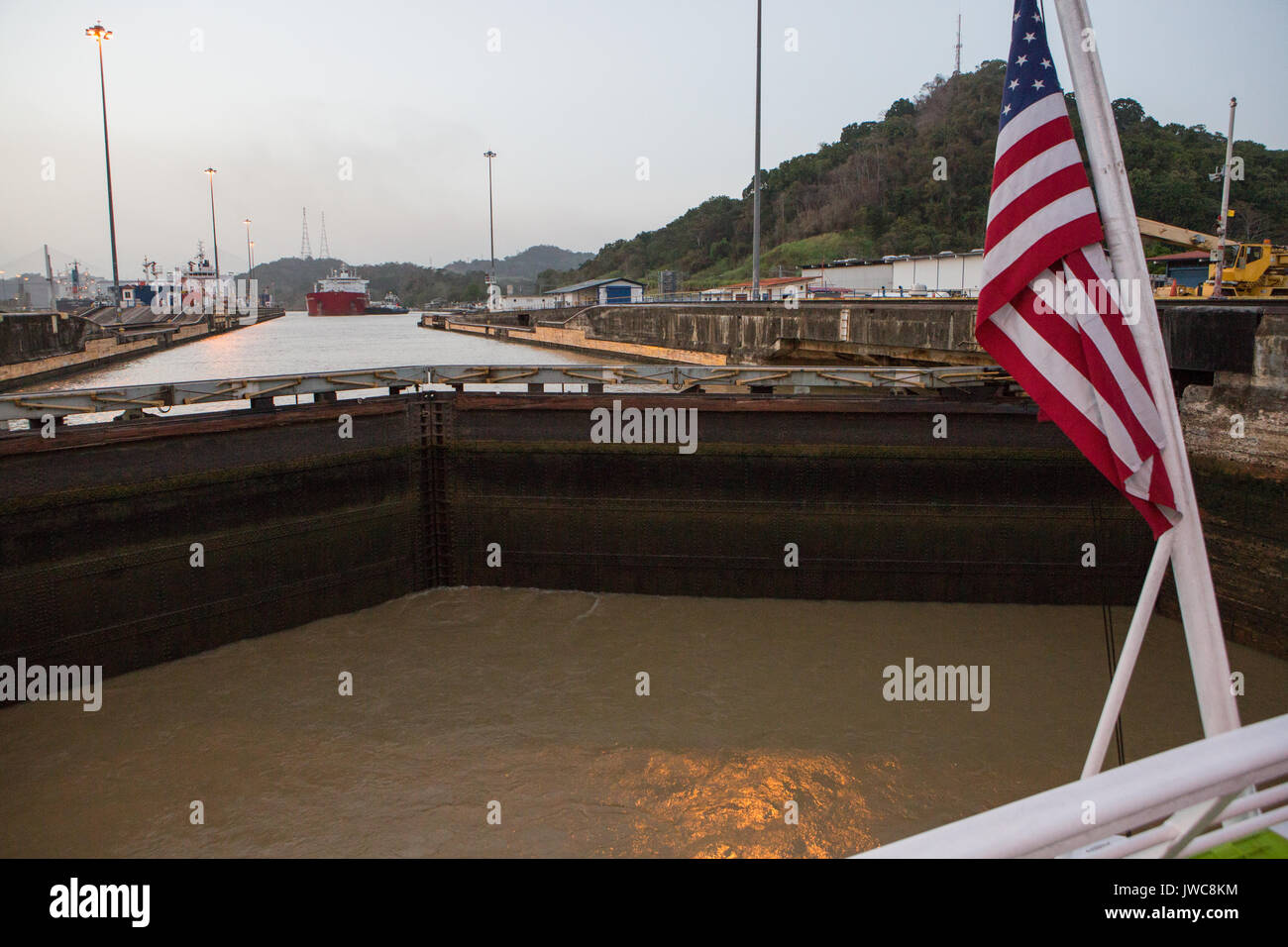 A view from an expedition cruise ship inside Pedro Miguel Locks of the Panama Canal. Stock Photo