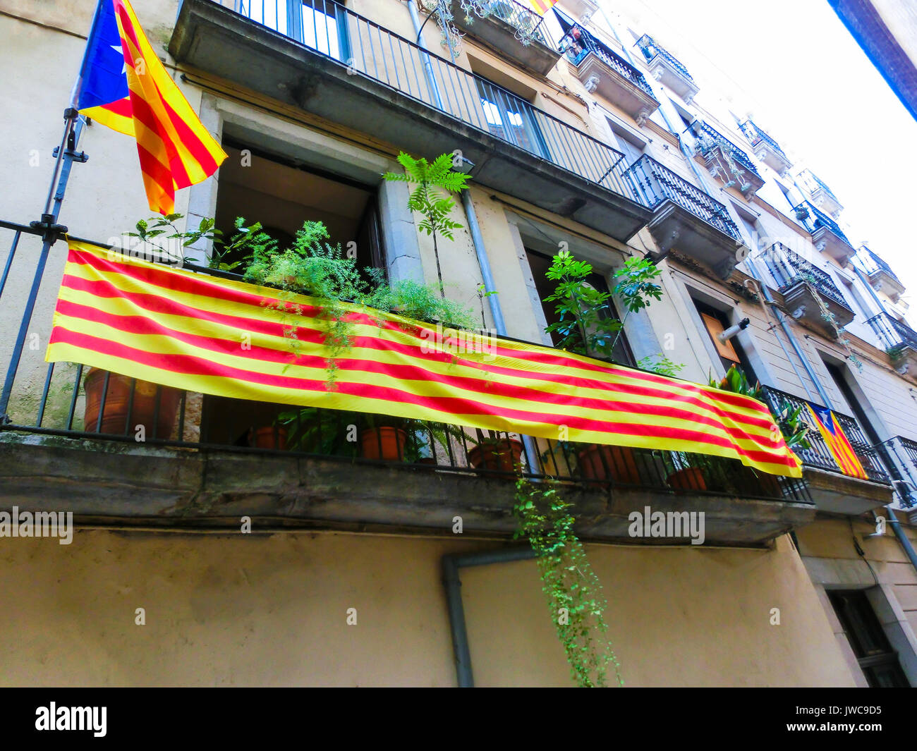 Flag of independence movement of Catalonia, waving in a street of the downtown Stock Photo